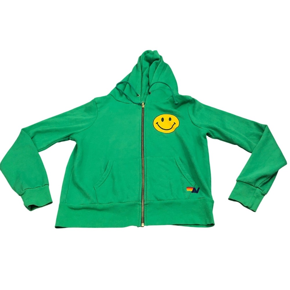 Aviator Nation Zip Up Hoodie Unisex XS Green Smiley Face Rainbow Graphic